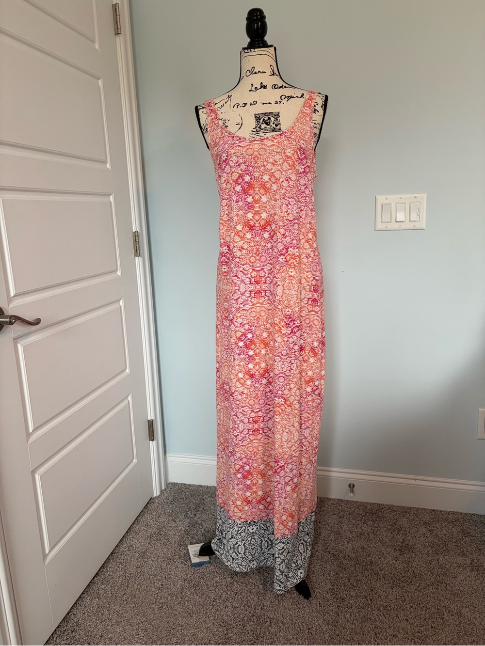 Tommy Bahama Pink and Coral Patterned Maxi Dress with Contrast Hem